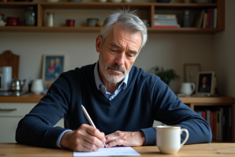 Homme d'âge moyen écrivant dans une cuisine chaleureuse