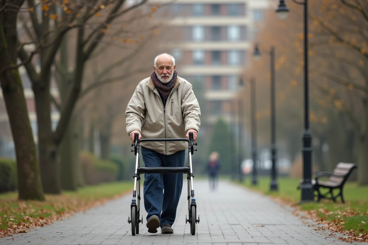 Homme age utilisant rollator dans un parc urbain
