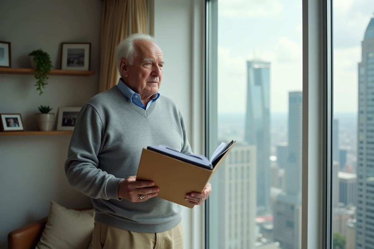 Homme âgé regardant par la fenêtre avec dossier d