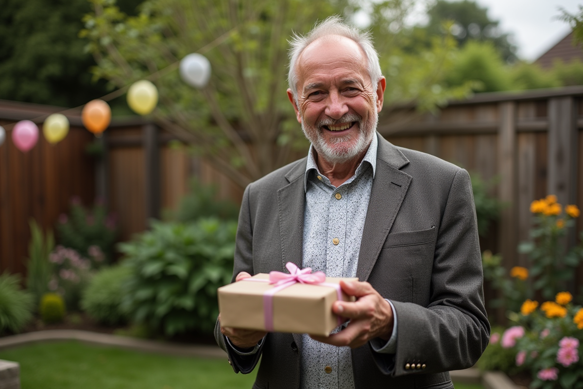 Homme de 70 ans tenant un petit cadeau dans un jardin fleuri