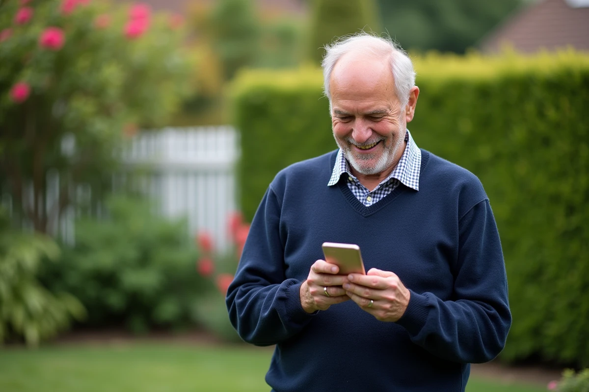 Homme de 70 ans lisant un message sur son smartphone dans le jardin
