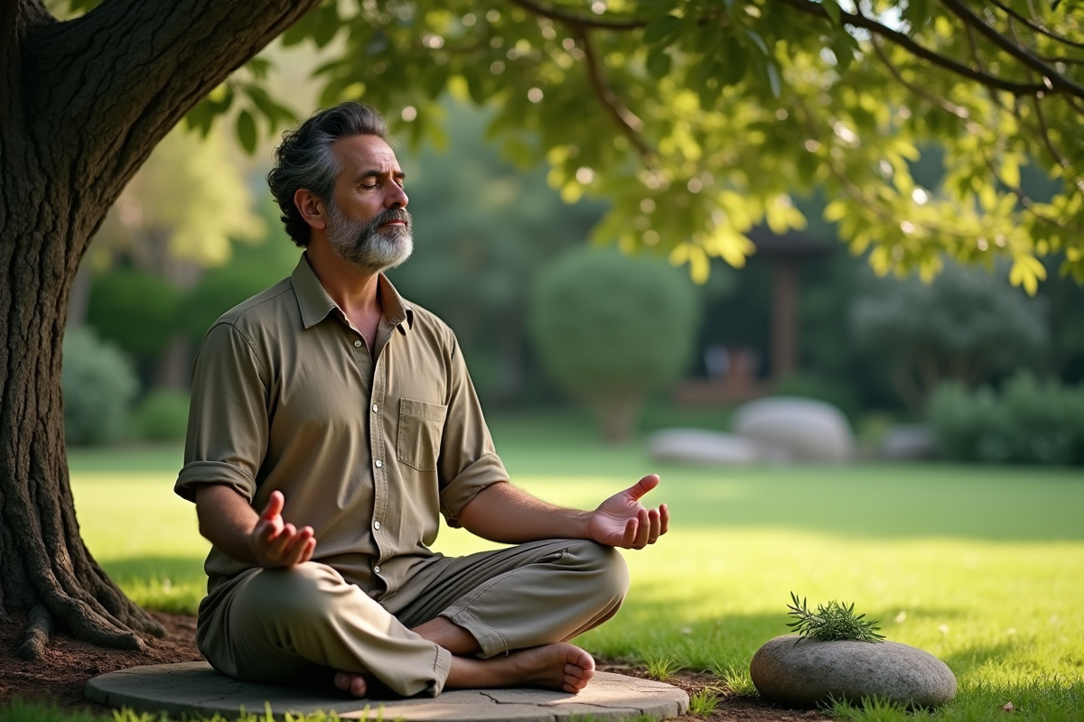 Homme méditant dans un jardin paisible sous un arbre