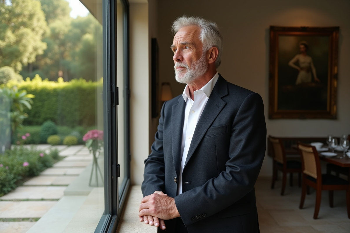 Homme d'âge moyen regardant par la fenêtre d'une villa méditerranéenne