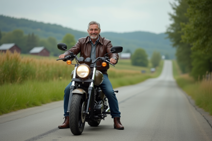 Homme confiant en moto de tourisme en pleine nature