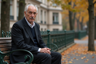 Homme d age assis sur un banc parisien en automne