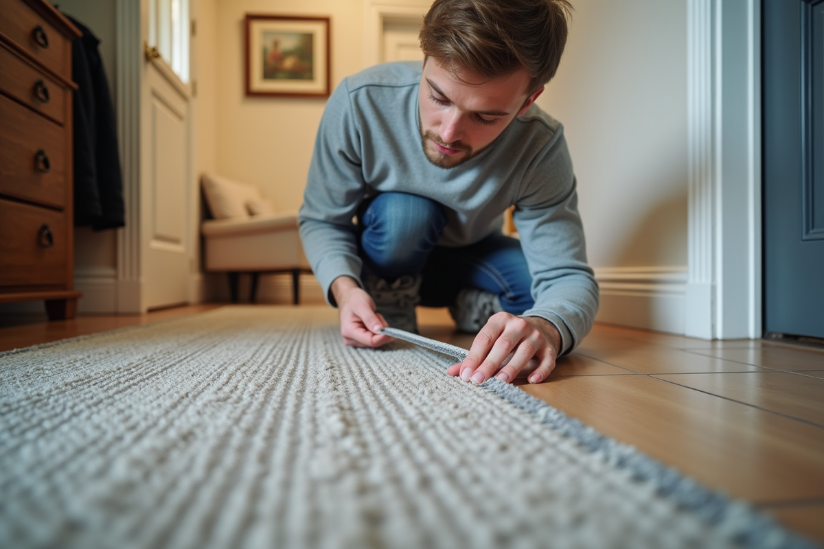 Jeune homme posant une bande antidérapante sur un tapis