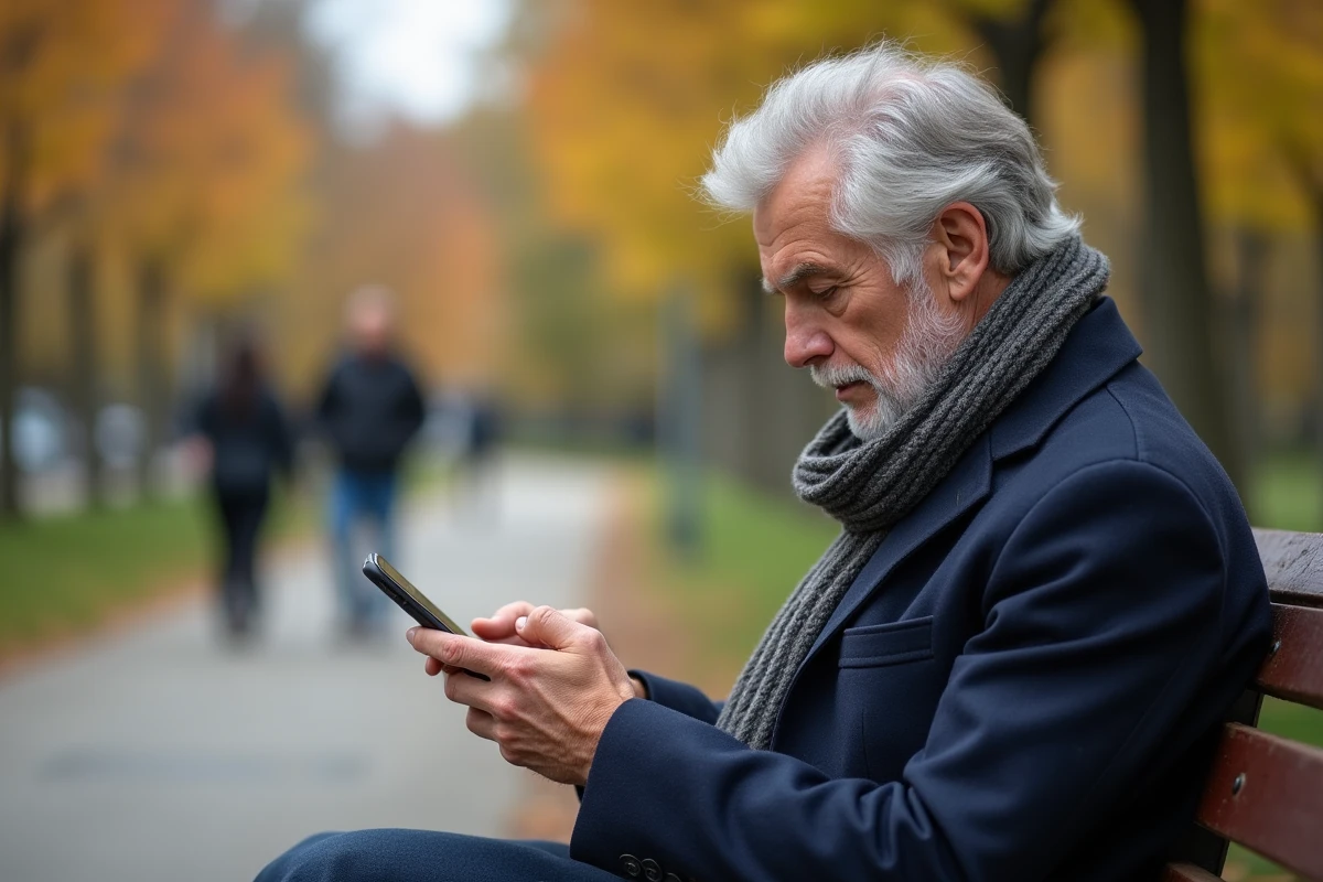 Homme âgé en réflexion avec smartphone dans un parc automnal