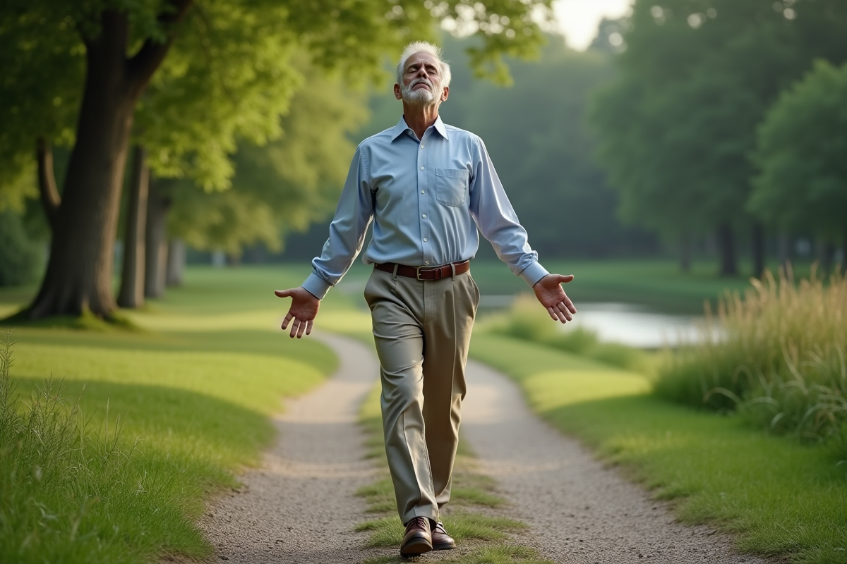 Homme marchant dans un parc vert en pleine détente