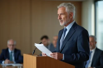 Homme d age en costume navy lors d un discours de retraite