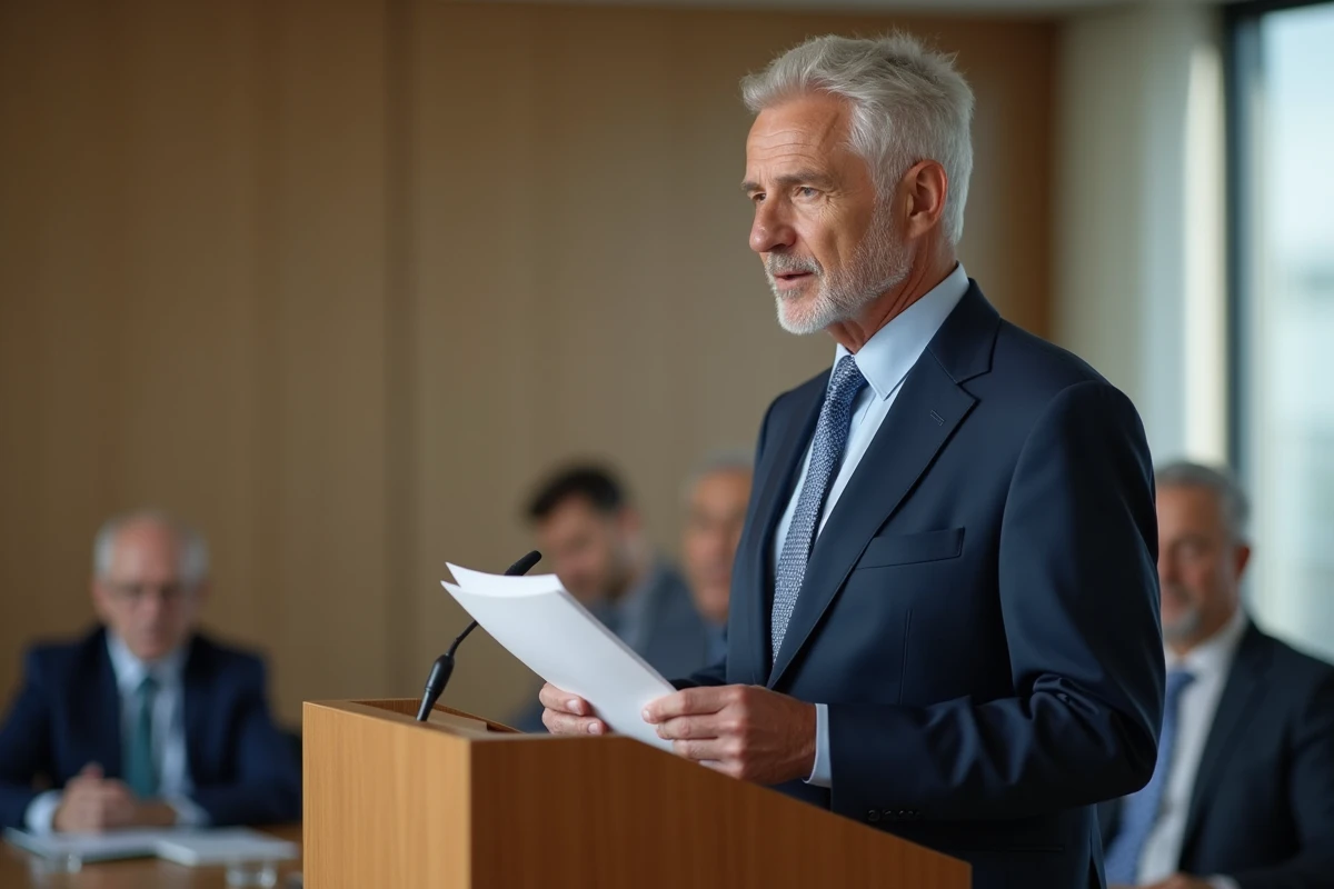 Homme d age en costume navy lors d un discours de retraite