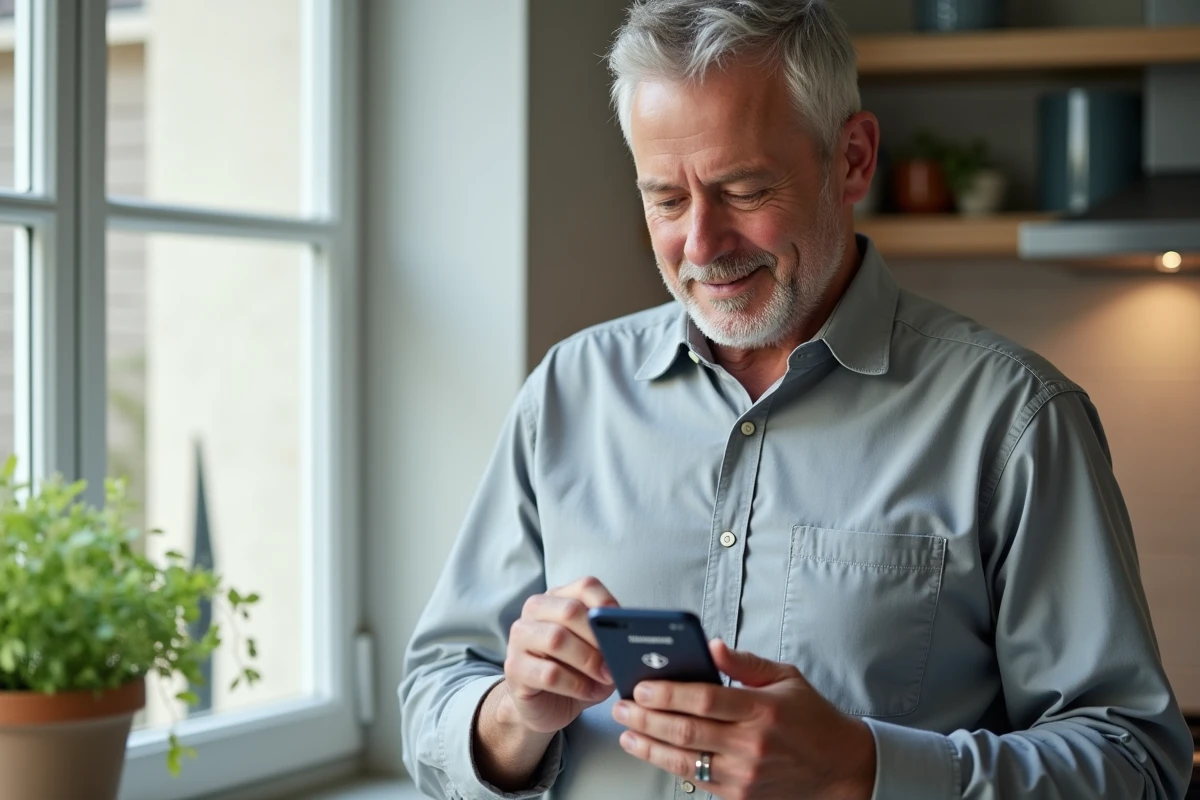 Homme retraité utilisant France Connect sur smartphone pour accéder à son compte de retraite complémentaire Agirc Arrco