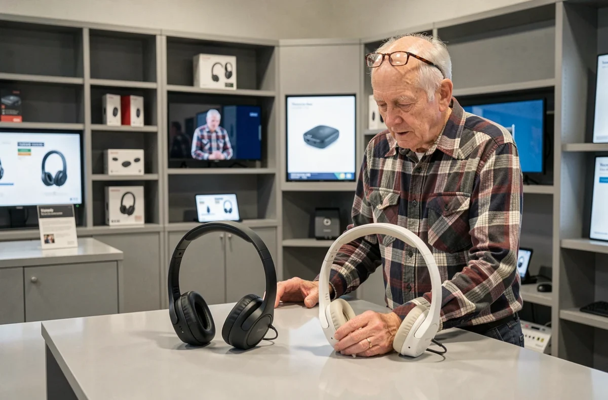 Un homme senior compare deux casques TV sans fil au comptoir d'une enseigne spécialisée en matériel audio pour seniors