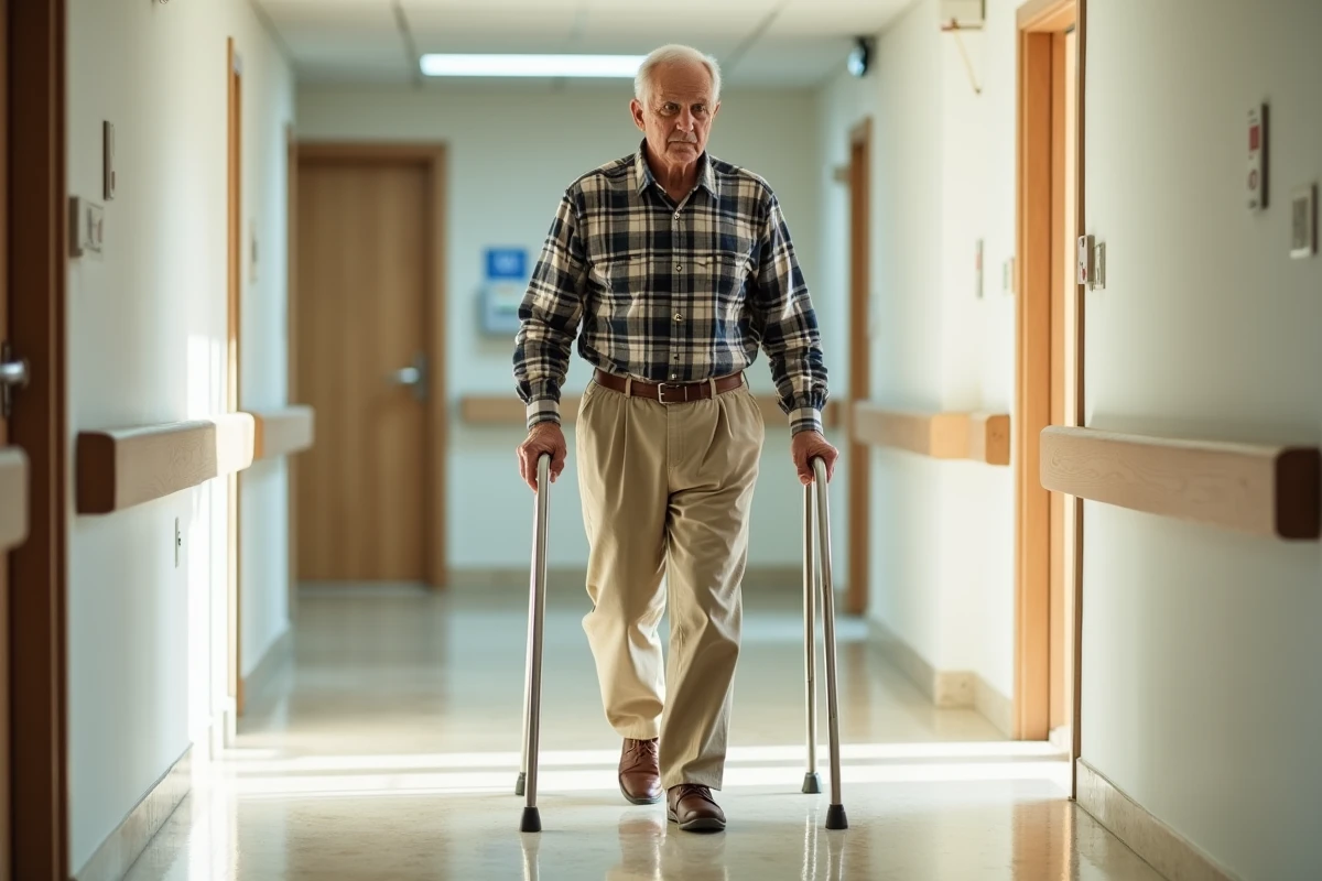 Homme âgé marchant dans un couloir de clinique lumineux