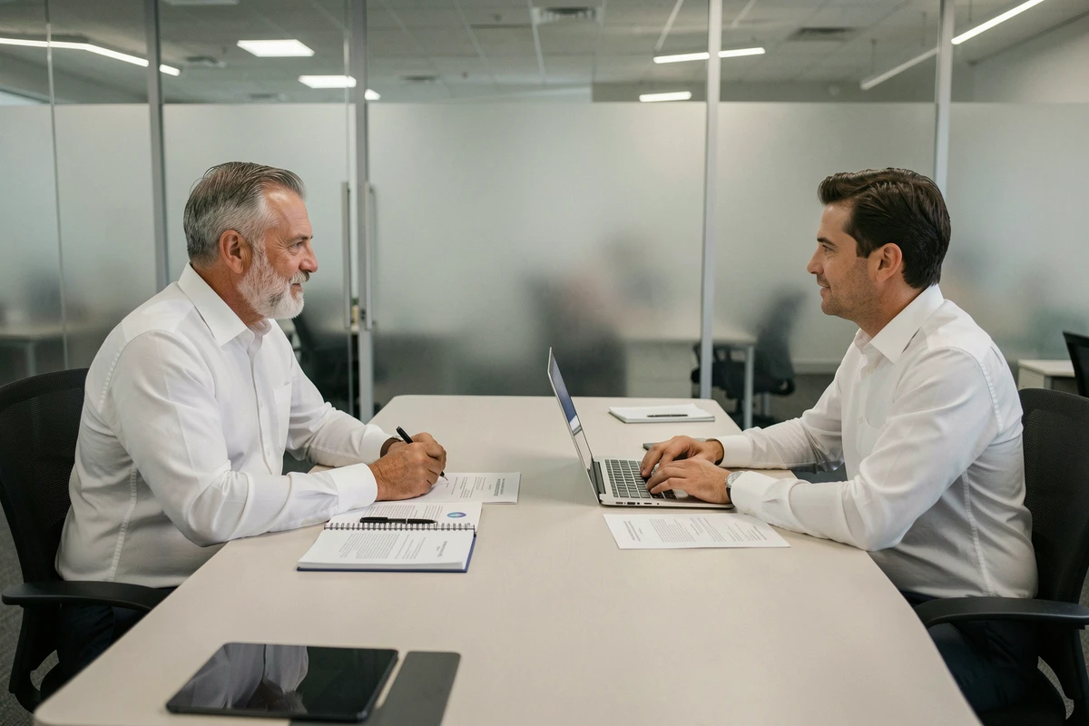 Homme senior en entretien avec un conseiller emploi dans une agence de placement professionnelle