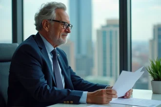 Homme d'âge moyen en costume regardant des papiers de pension