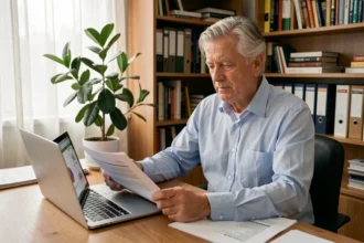 Homme de 58 ans consultant des documents de planification retraite dans un bureau à domicile organisé