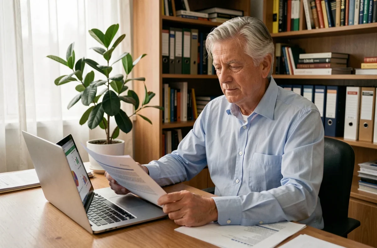Homme de 58 ans consultant des documents de planification retraite dans un bureau à domicile organisé