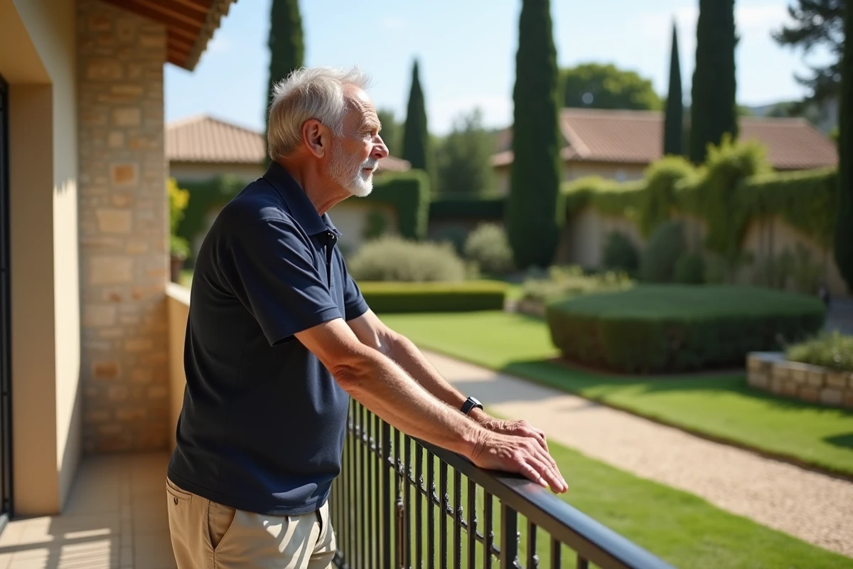 Homme senior sur la terrasse ensoleillée d'une résidence services à Nîmes avec jardin méditerranéen