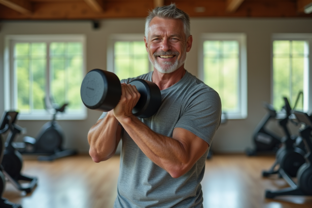 Homme senior en salle de sport faisant un curl avec haltère