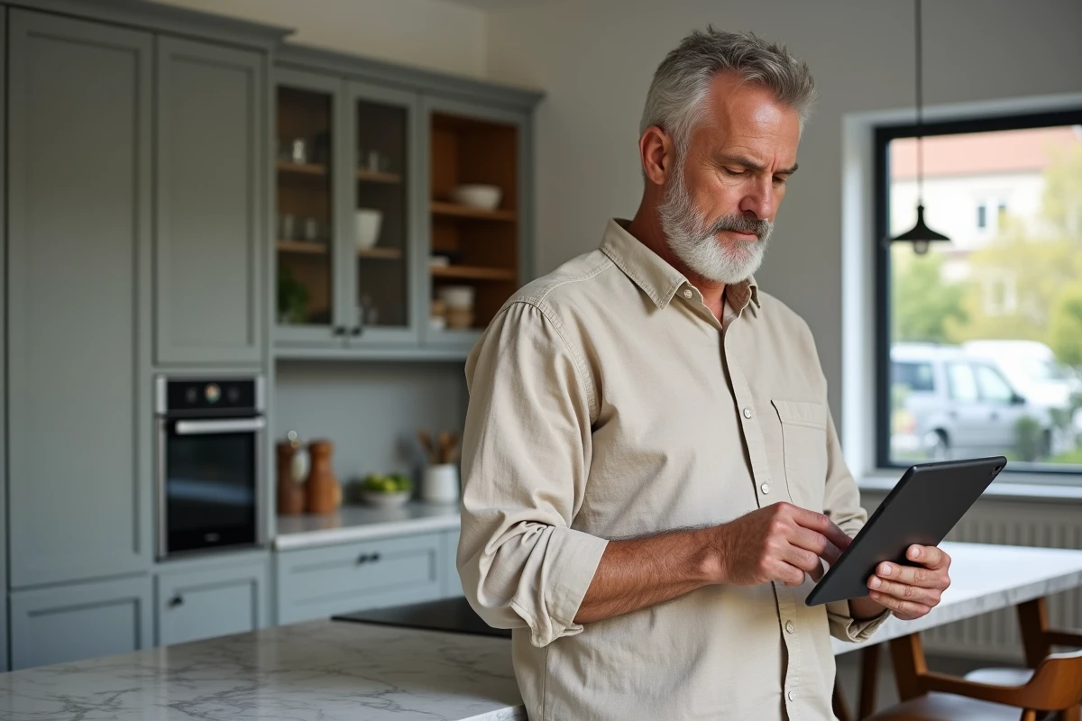 Homme de 62 ans consultant les mises à jour de son compte retraite Carsat sur une tablette dans sa cuisine