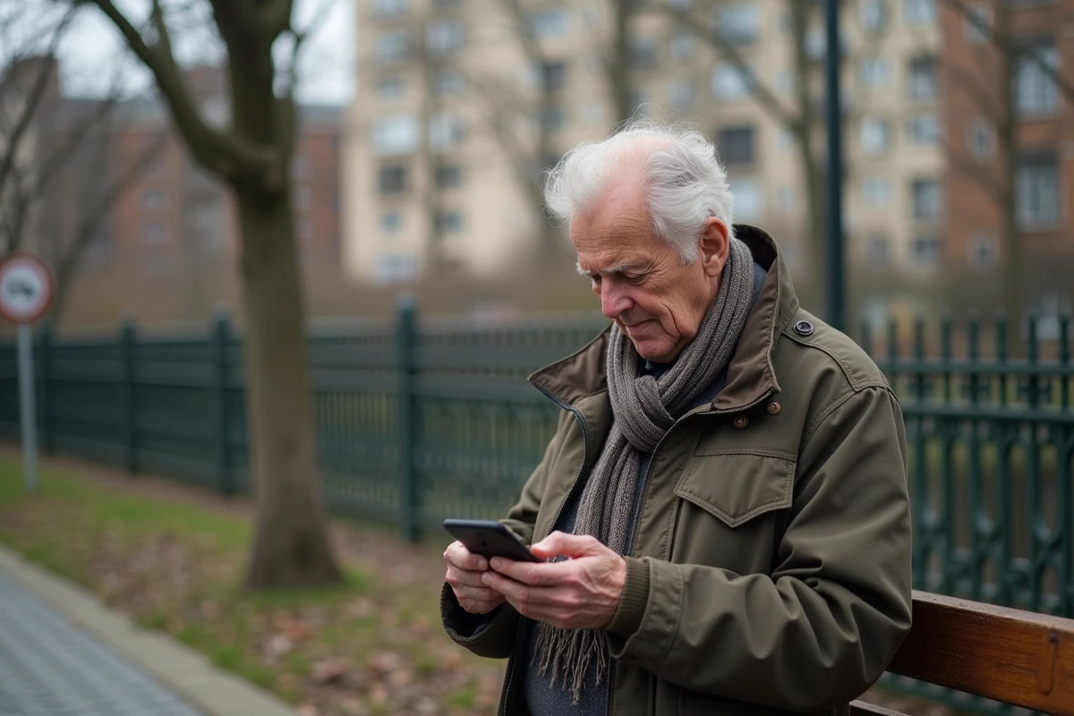 Homme âgé consulte son application bancaire en extérieur