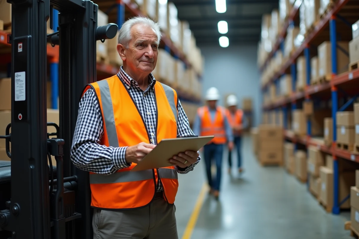 Homme agee en vestte haute-visibilite dans un entrepot industriel