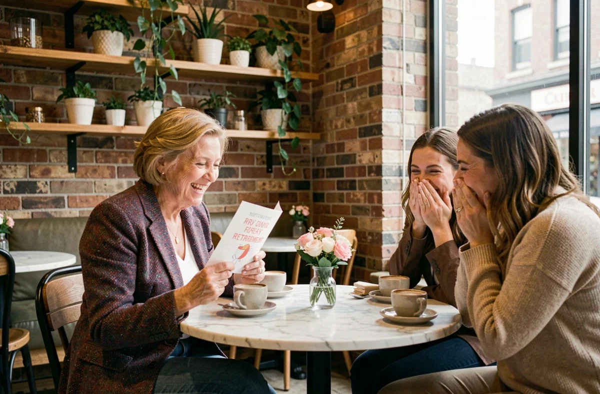 Femme à la retraite lisant une carte humoristique à ses amies dans un café, moment touchant et drôle entre amies proches
