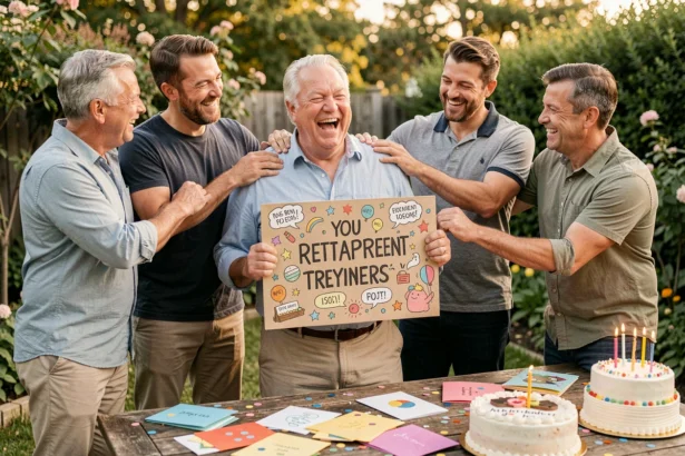 Groupe d'amis proches célébrant le départ à la retraite d'un homme avec humour, pancarte drôle et gâteau dans un jardin convivial