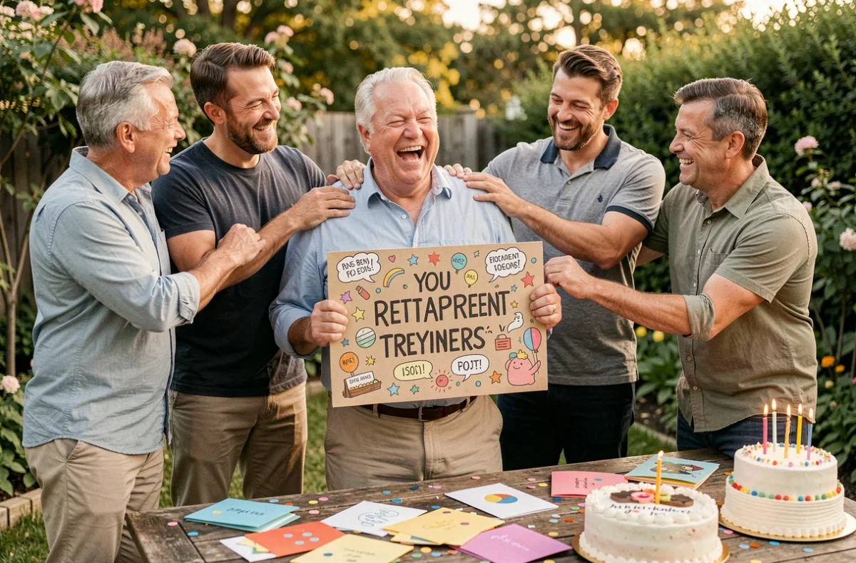 Groupe d'amis proches célébrant le départ à la retraite d'un homme avec humour, pancarte drôle et gâteau dans un jardin convivial