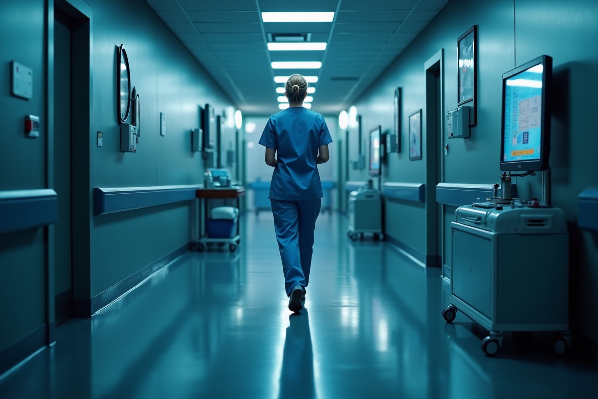 Infirmière marchant dans un couloir d