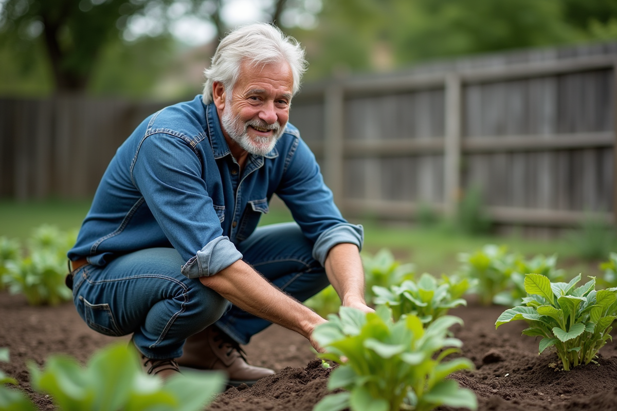 Homme âgé cultivant son jardin potager en plein air