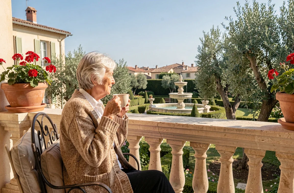 Une résidente âgée savourant son café sur le balcon fleuri de son appartement aux Jardins d'Arcadie d'Aix-en-Provence avec vue sur le jardin