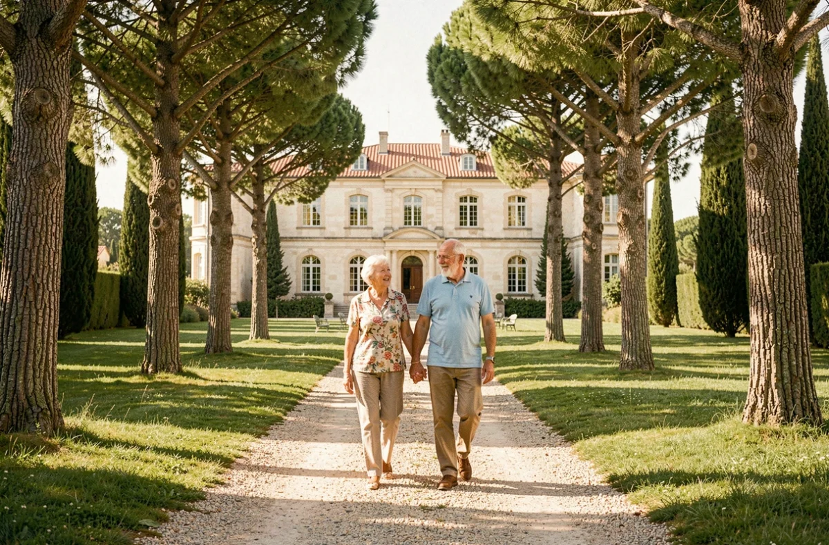 Un couple de seniors se promenant dans le parc arboré des Jardins d'Arcadie de Marseille Château Valmante avec la bâtisse historique en arrière-plan