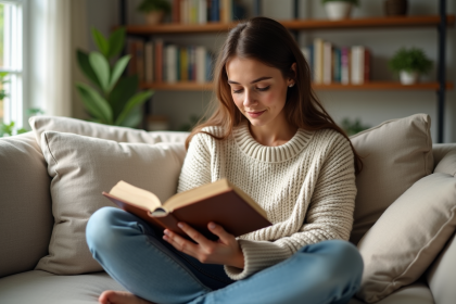 Jeune femme lisant un livre dans un salon lumineux