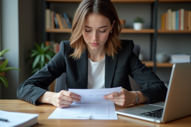 Jeune femme en bureau organisant des documents imprimés