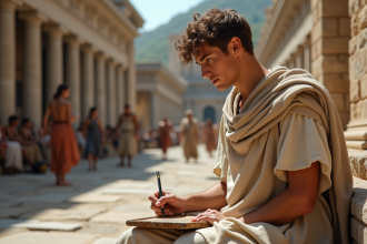 Jeune homme en tunique dessinant dans l'agora grecque antique