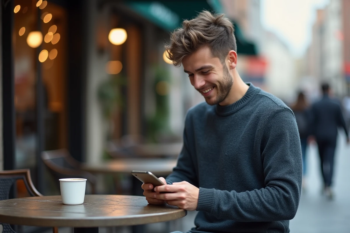 Jeune homme gérant une tâche sur son smartphone en extérieur