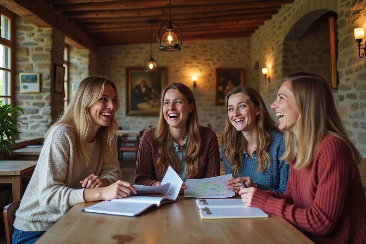 Jeunes adultes riant autour d une table dans une auberge