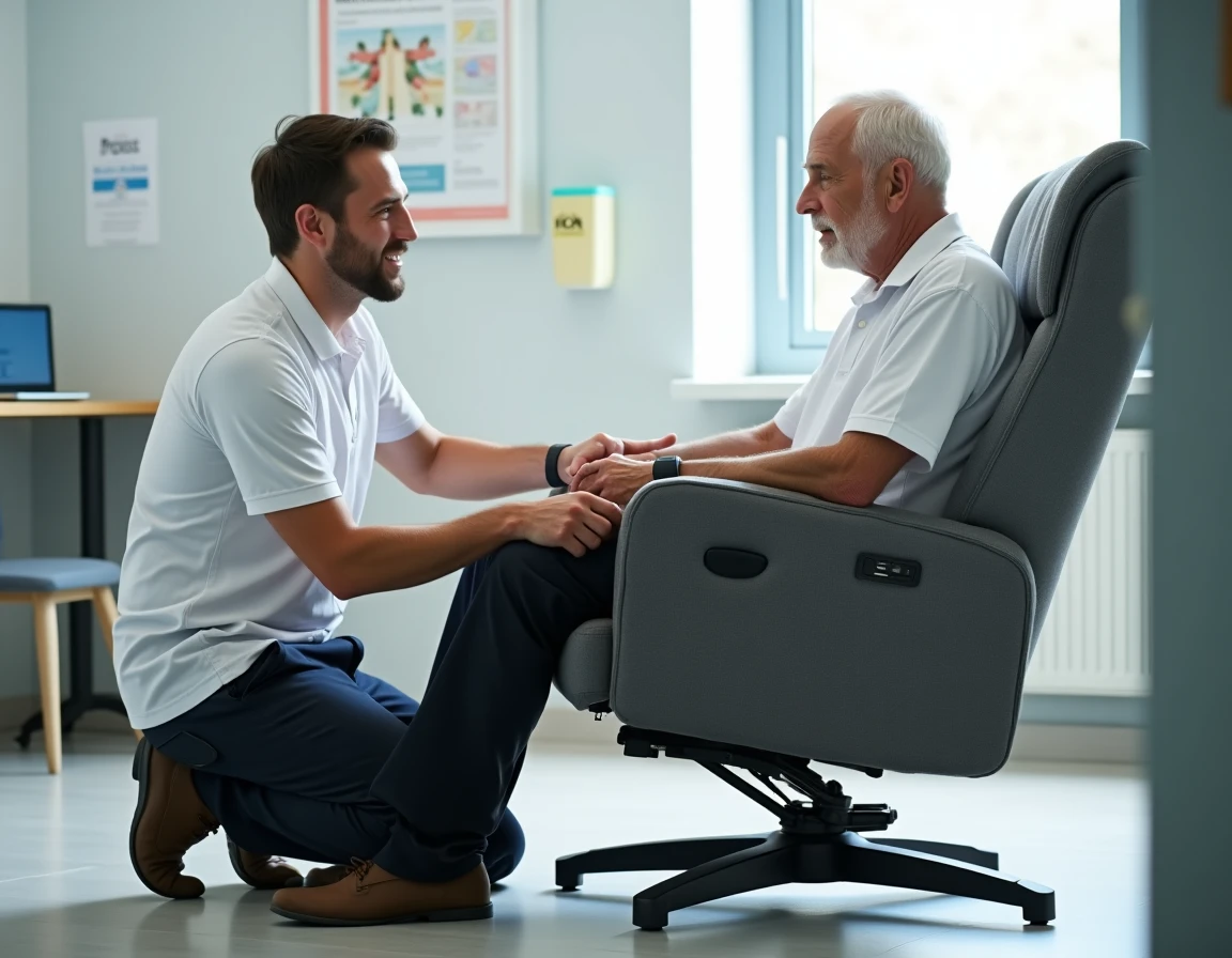 Kinésithérapeute expliquant le fonctionnement d'un fauteuil releveur électrique à un patient âgé dans un cabinet médical, dans le cadre d'une prise en charge remboursée