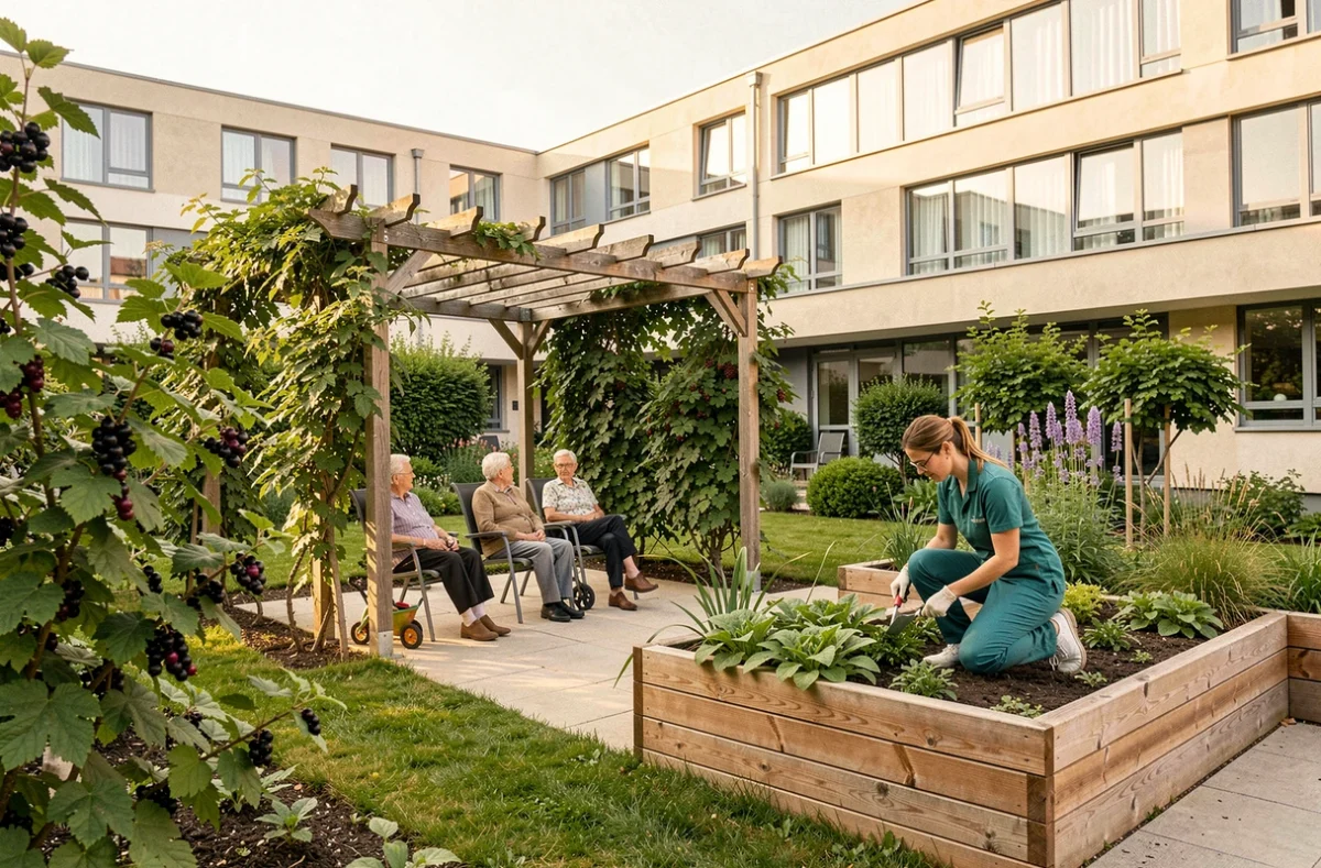 Terrasse jardin de Korian Les Cassissines à Dijon avec résidents et soignant en extérieur