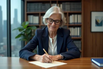 Femme cadre rédigeant sa lettre de départ à la retraite dans un grand bureau d'entreprise