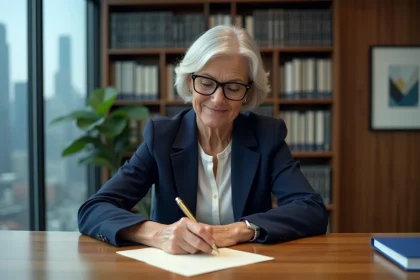 Femme cadre rédigeant sa lettre de départ à la retraite dans un grand bureau d'entreprise