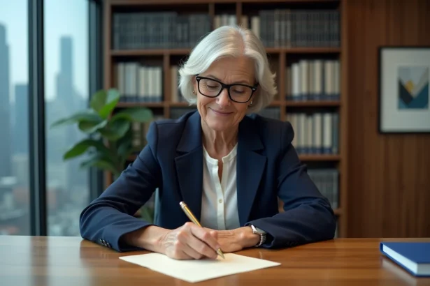 Femme cadre rédigeant sa lettre de départ à la retraite dans un grand bureau d'entreprise