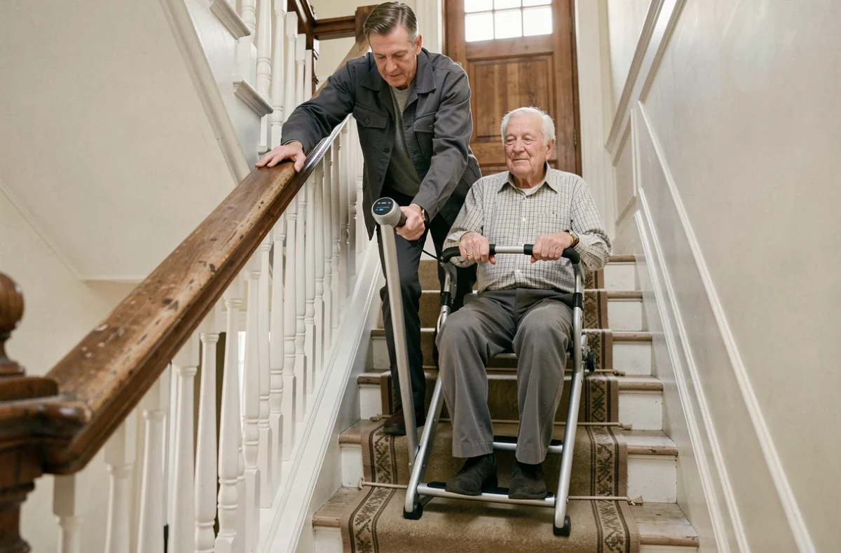 Monte-escalier mobile pliable Liftkar PT avec commandes intuitives utilisé dans une maison résidentielle par un aidant et un homme âgé
