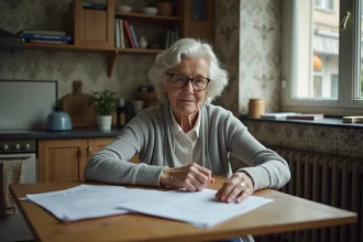 Femme âgée de plus de 65 ans examinant des documents de bail dans son appartement, illustrant la protection des locataires seniors