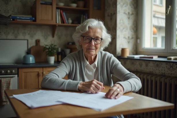 Femme âgée de plus de 65 ans examinant des documents de bail dans son appartement, illustrant la protection des locataires seniors