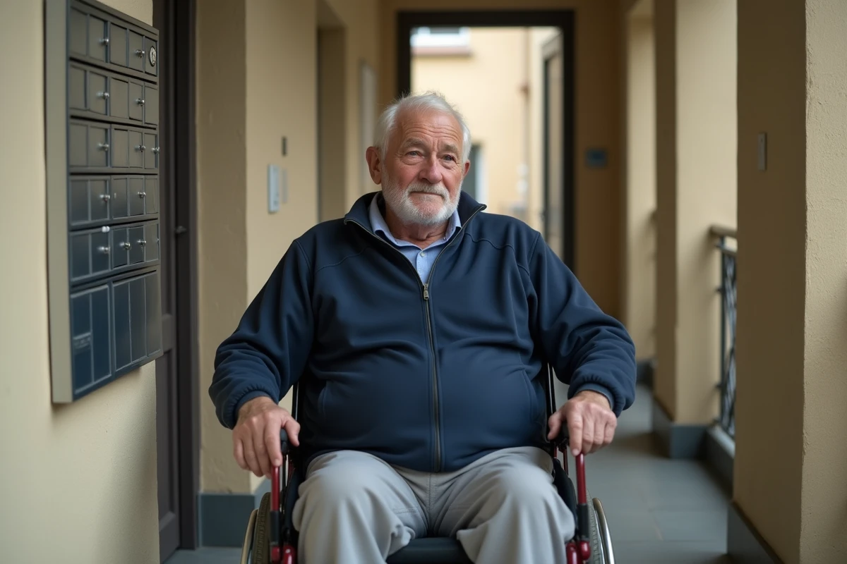 Locataire handicapé en fauteuil roulant dans le couloir d'un immeuble résidentiel, symbolisant les droits des personnes à mobilité réduite
