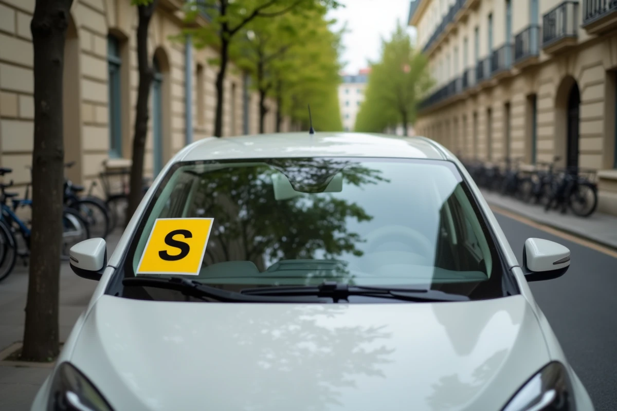 Macaron S senior réglementaire collé sur la vitre arrière d'une voiture blanche garée dans une rue résidentielle française