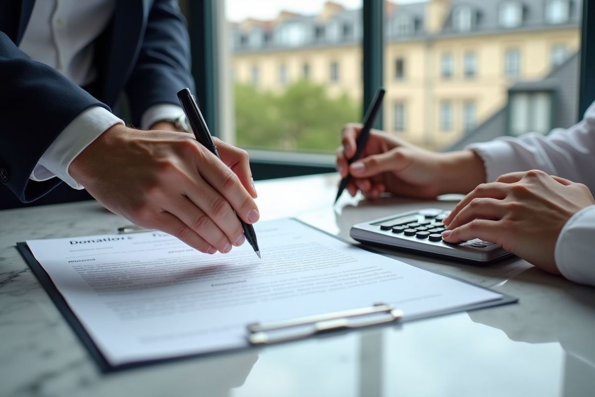 Mains échangeant un stylo sur document donation 400000€