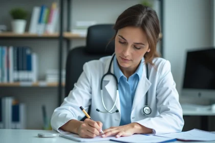 Medecin femme en blouse blanche prenant des notes